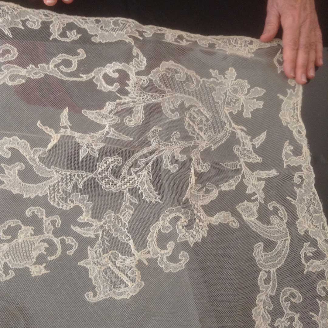 Large square cream coloured Limerick Lace veil
